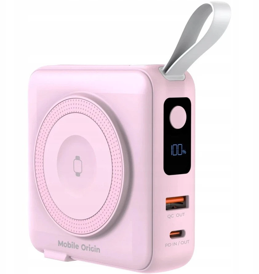 „Mobile Origin“ nešiojamoji baterija ir kelioninis įkroviklis, „Lightning“ / USB-C“ laidas, suderinamas su „MagSafe“ / „AW“ / „iPhone“, rožinis