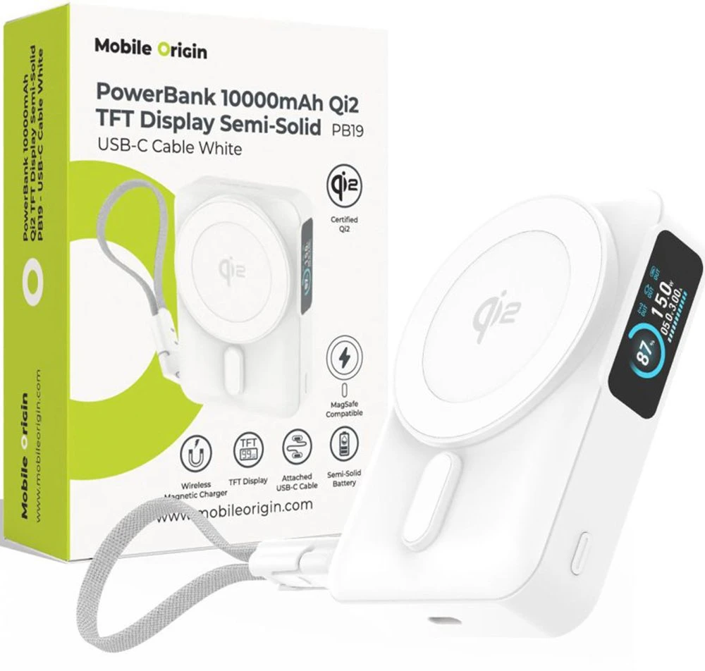 Pitaka Mobile Origin 10000 mAh Qi2 TFT ekranas pusiau kietas išorinis akumuliatorius PB19 – USB-C laidas baltas