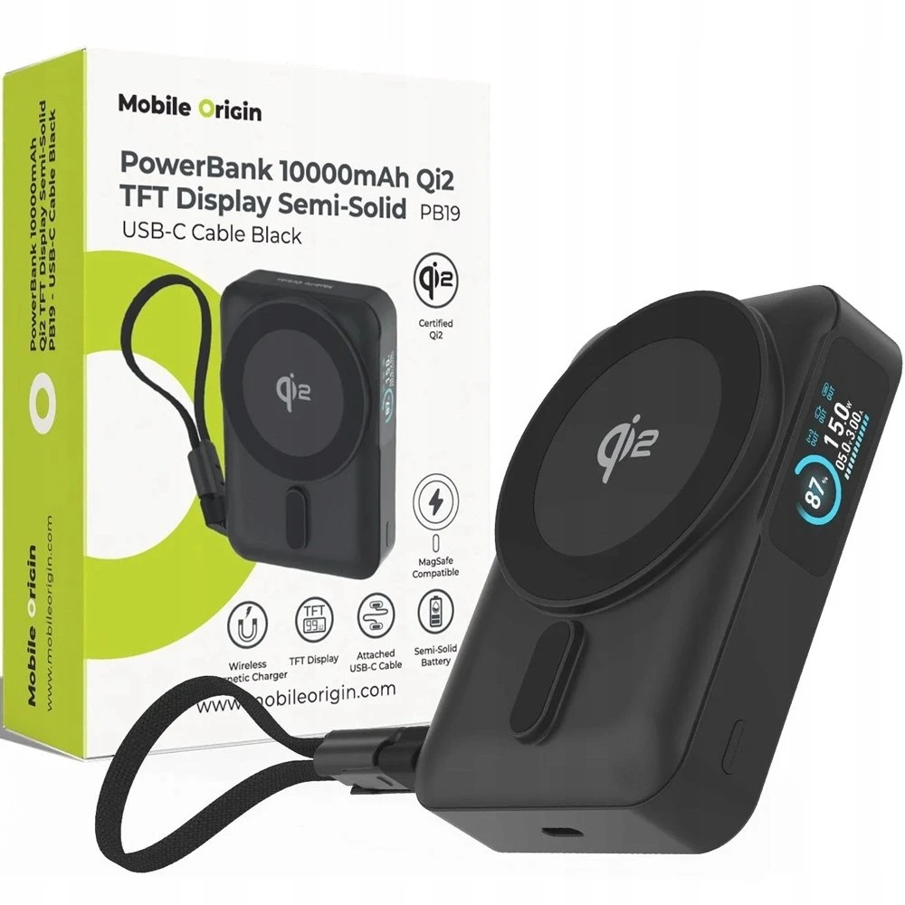 Pitaka Mobile Origin 10000 mAh Qi2 TFT ekranas pusiau kietas išorinis akumuliatorius PB19 – USB-C laidas juodas