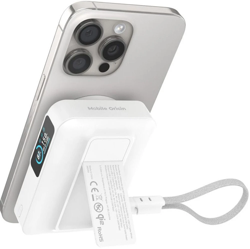 Pitaka Mobile Origin 10000 mAh Qi2 TFT ekranas pusiau kietas išorinis akumuliatorius PB19 – USB-C laidas baltas