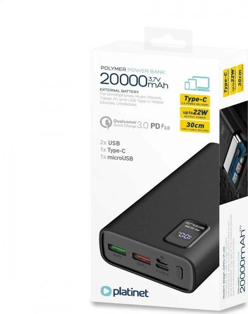 Išorinė baterija POWER BANK Platinet 20000mAh (2xUSB; 1xType-C; QC3.0 22,5W) juoda