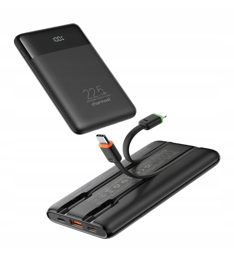 Nešiojamoji baterija Charmast W1202 PD3.0 3A 22,5W 10000 mAh su integruotais laidais USB C / Lightning juodas