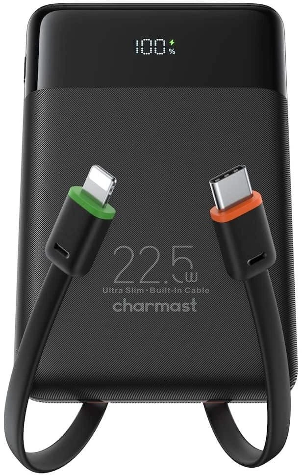 Nešiojamoji baterija Charmast W1202 PD3.0 3A 22,5W 10000 mAh su integruotais laidais USB C / Lightning juodas