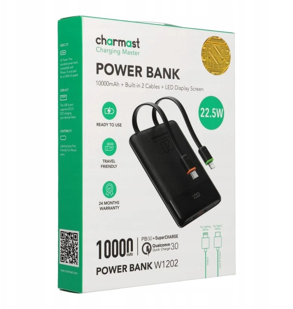 Nešiojamoji baterija Charmast W1202 PD3.0 3A 22,5W 10000 mAh su integruotais laidais USB C / Lightning juodas