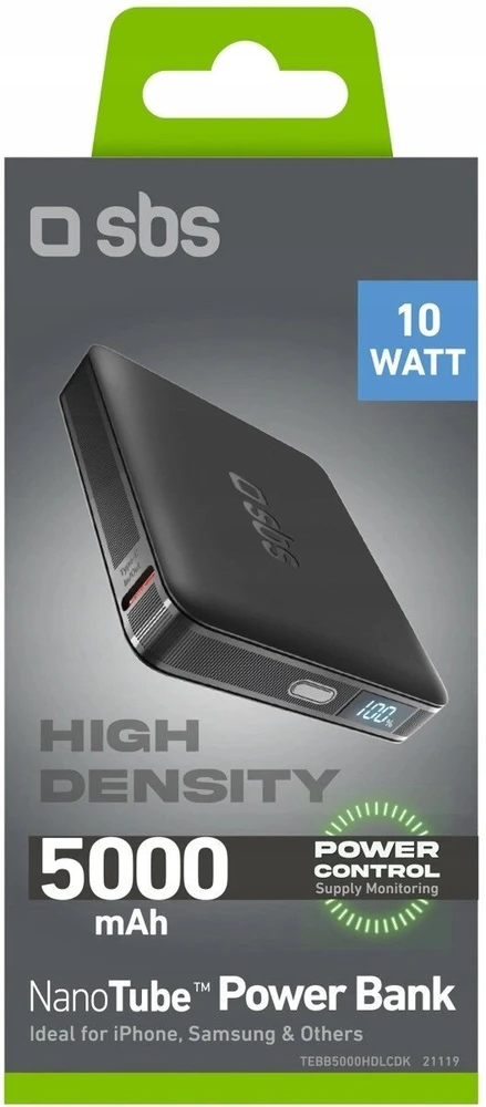 SBS HD 10W 5000mAh USB-C Power Bank with LCD Ekranas - Juodas