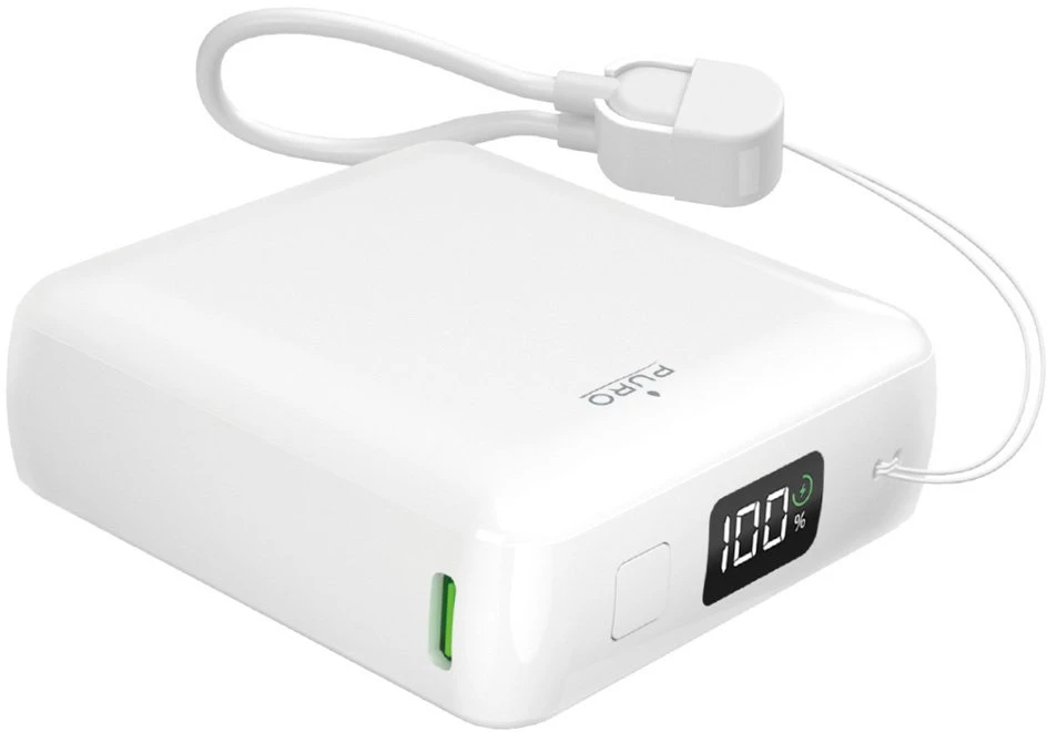 Puro 10000mAh 20W USB-C USB-A išorinė baterija su ekranu ir integruotu USB-C laidu - Baltas