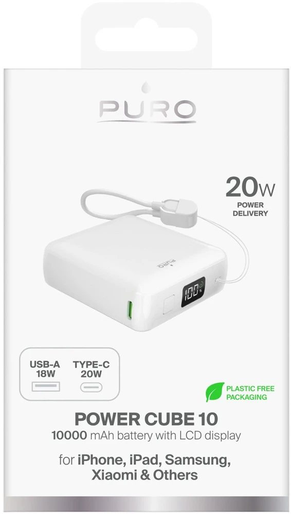 Puro 10000mAh 20W USB-C USB-A išorinė baterija su ekranu ir integruotu USB-C laidu - Baltas