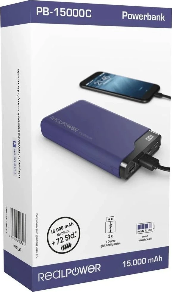 Mėlyna Powerbank RealPower Type-C 15000 Midnight mėlynas