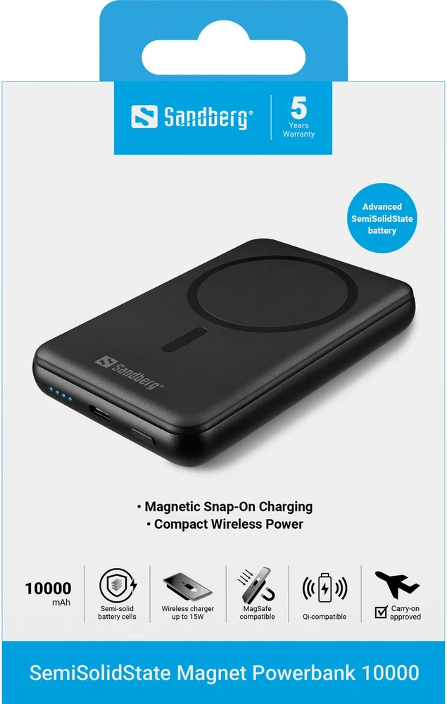 Powerbank Sandberg pusiau kietas powerbank 10000 mAh belaidis įkrovimas juodas (421-51)
