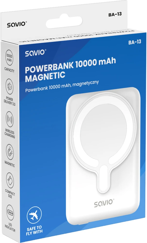 Savio BA-13 power bank 10000 mAh Belaidis įkrovimas Baltas
