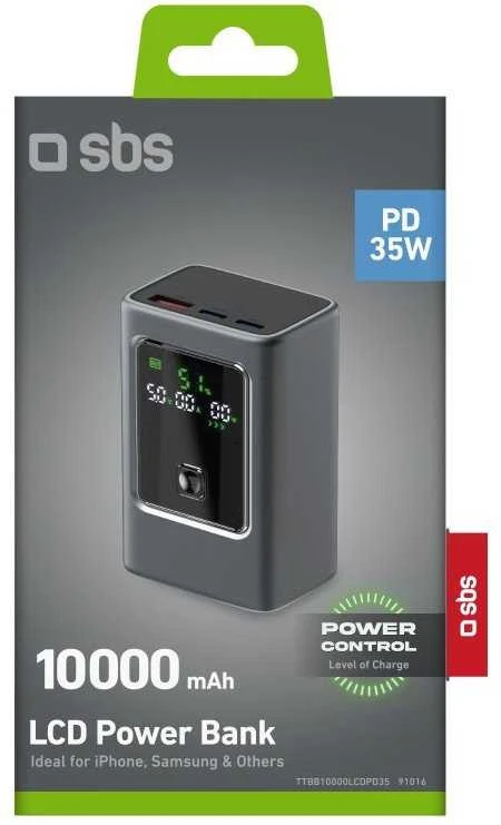 Išorinė baterija SBS 10000mAh PD 35W su LCD ekranu - pilka