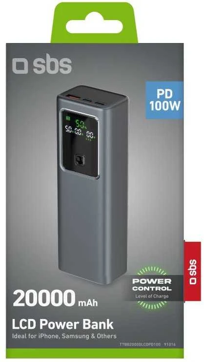 Išorinė baterija SBS, 20,000 mAh, LCD, PD 100 W, greitasis įkrovimas