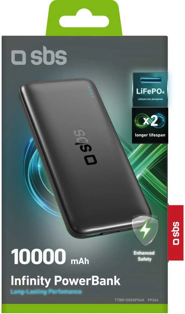 SBS Infinity išorinė baterija 10000mAh 10W LiFePo₄ USB-A USB-C - Juodas