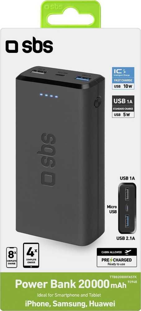 Power Bank 20.000 mAh Greitas įkrovimas, 2 USB By SBS Juodas