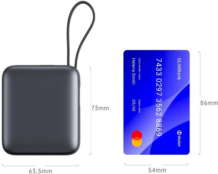 „Swissten“ išorinė baterija 10000 mAh su integruotais USB-C ir „Lightning“ laidais
