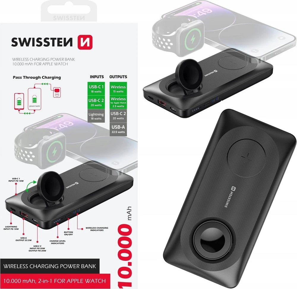 Swissten 10000 mAh 2w1 su Apple Watch ir Magsafe