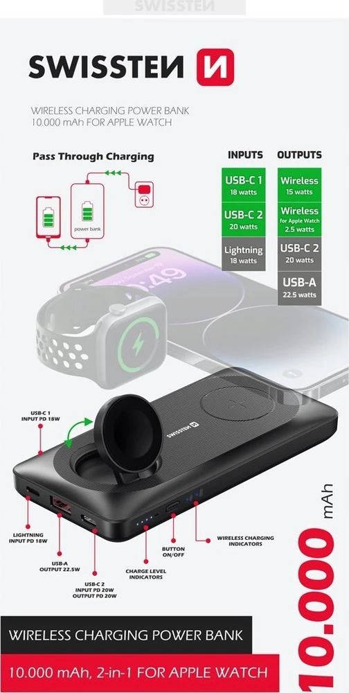 Swissten 10000 mAh 2w1 su Apple Watch ir Magsafe