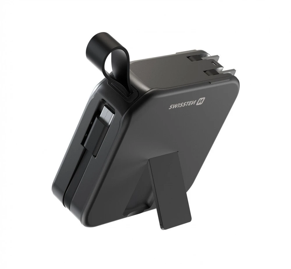 „Swissten“ išorinė baterija „ALL-IN-ONE PRO“ su keičiamais kištukais (JAV / ES / JK), 20 W, 10000 mAh