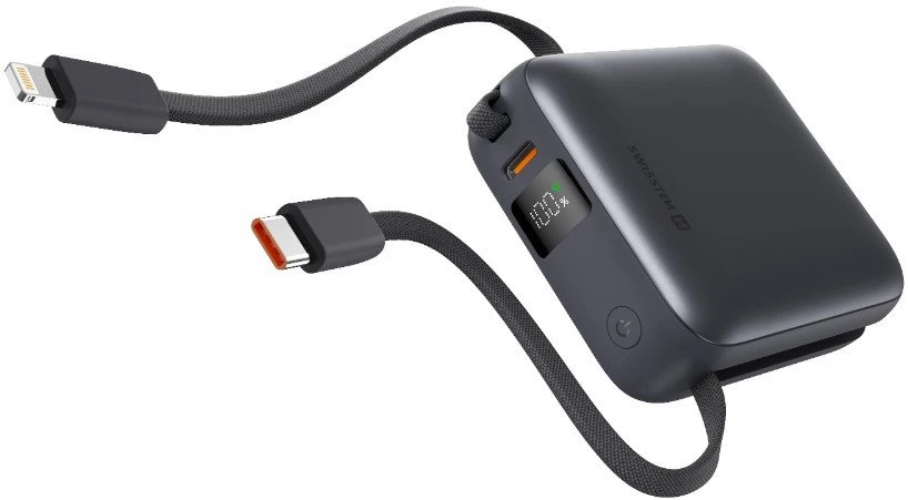 „Swissten“ išorinė baterija 10000 mAh su integruotais USB-C ir „Lightning“ laidais