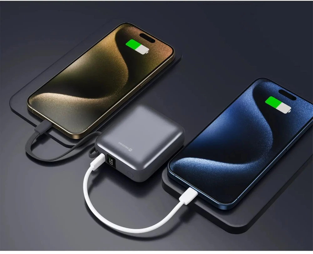 Powerbank Swissten Swissten SPACE Power Bank Universal External Baterija Built-in USB-C Cable 35W / 10000 mAh Sidabrinis