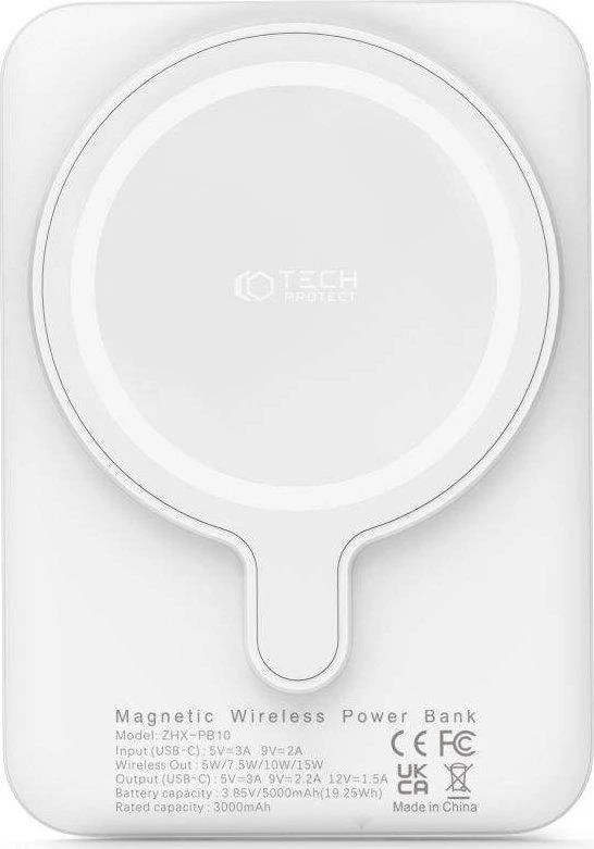 „Tech-Protect LifeMag PB10“ nešiojamoji baterija su „MagSafe“ 5000mAh 15W USB-C prievadu – baltos spalvos + USB-C kabelis