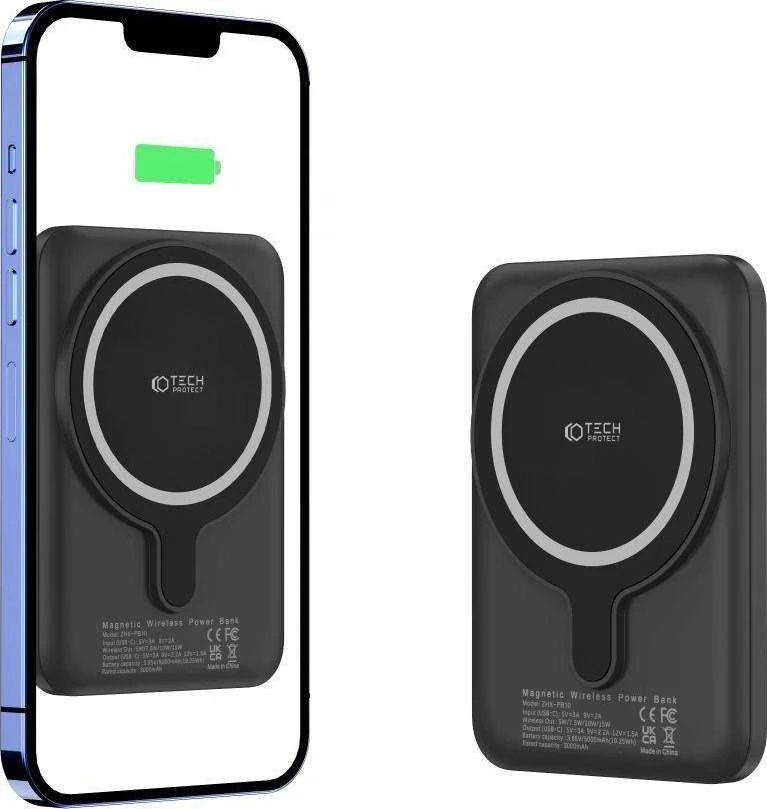 Tech-Protect LifeMag PB10 Powerbank su MagSafe 5000mAh 15W USB-C port – juodos spalvos + USB-C kabelis
