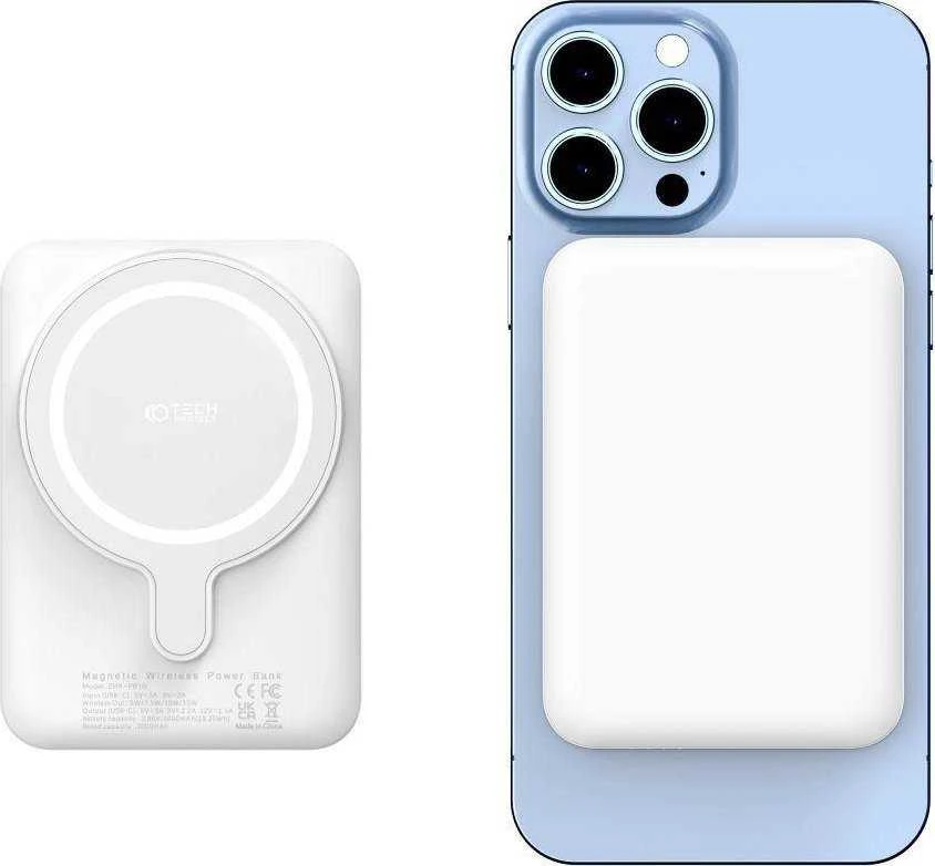 „Tech-Protect LifeMag PB10“ nešiojamoji baterija su „MagSafe“ 5000mAh 15W USB-C prievadu – baltos spalvos + USB-C kabelis