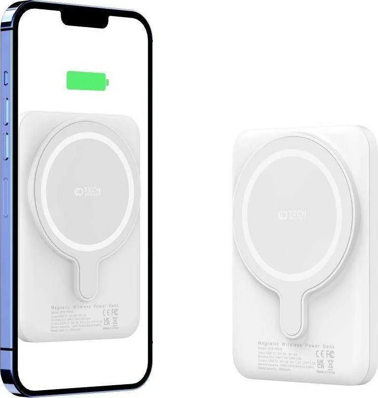 „Tech-Protect LifeMag PB10“ nešiojamoji baterija su „MagSafe“ 5000mAh 15W USB-C prievadu – baltos spalvos + USB-C kabelis