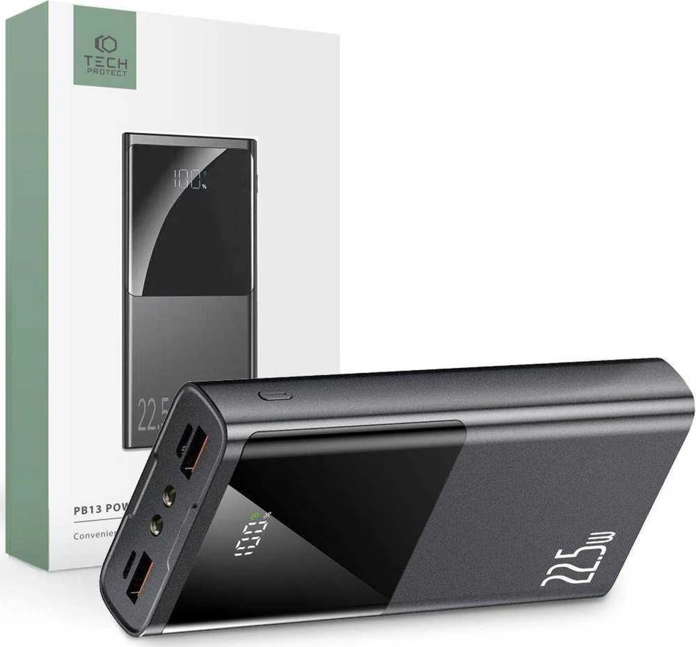 Nešiojamoji baterija „Tech-Protect PB13“ 20000mAh 22,5 W, 2x USB-A / USB-C / „Lightning“ su USB-C / USB-A kabeliu, pilkos spalvos