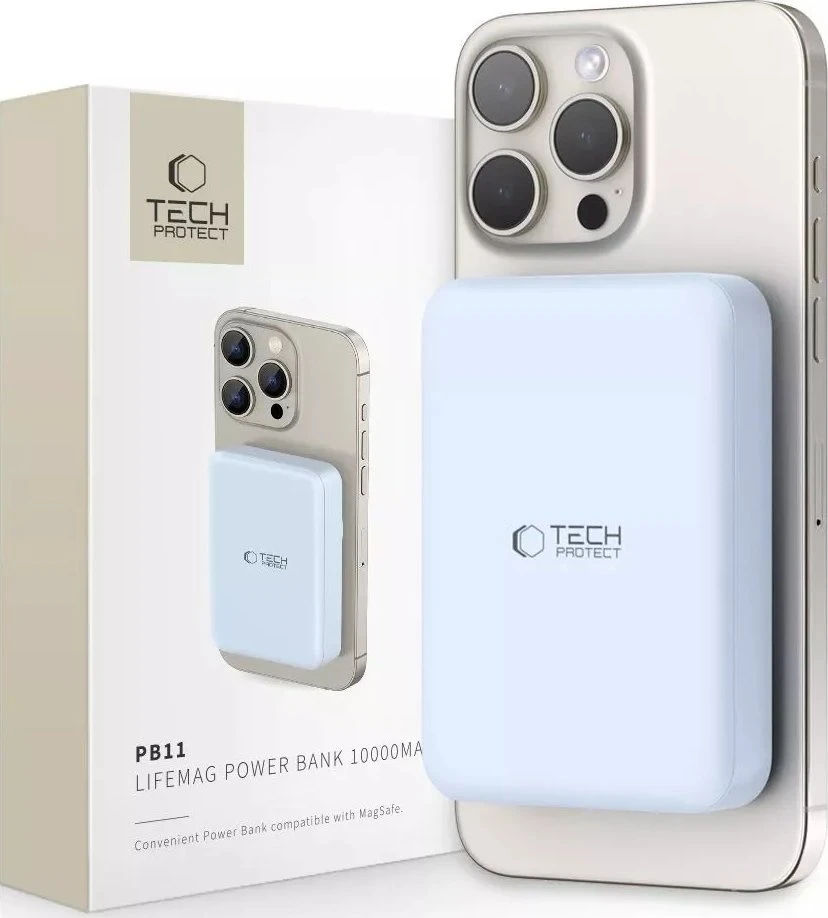 Tech-Protect LifeMag PB11 Powerbank su MagSafe 10000mAh 15W USB-C port – mėlynos spalvos + USB-C kabelis
