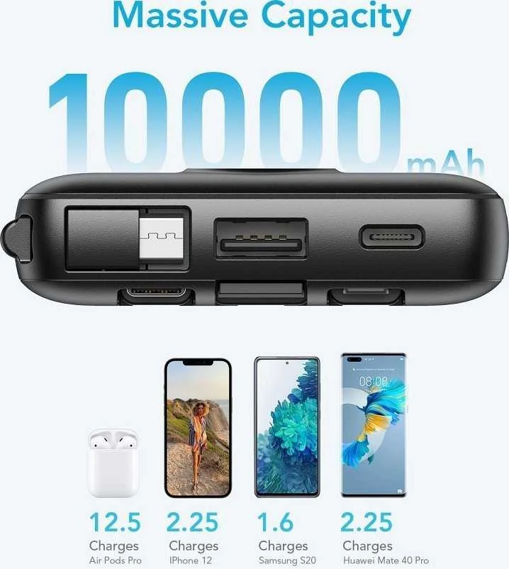 Išorinė baterija POWER BANK VEGER C10 10000mAh (USB,USB-A,Type-C,MicroUSB,lightning) juoda