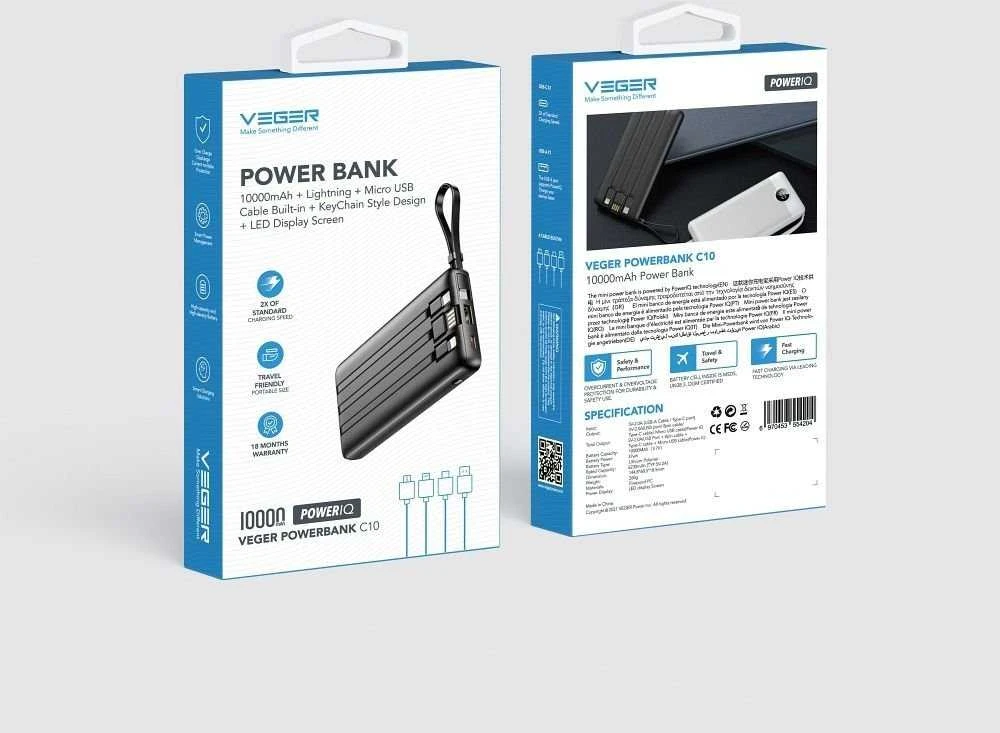 Išorinė baterija POWER BANK VEGER C10 10000mAh (USB,USB-A,Type-C,MicroUSB,lightning) juoda