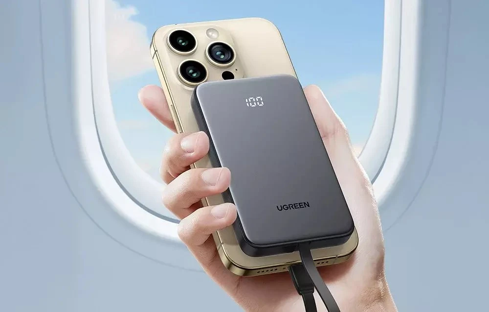 Powerbank 10000mAh Ugreen PB526 USB + USB-C, 20W, įmontuotas kabelis (pilka)