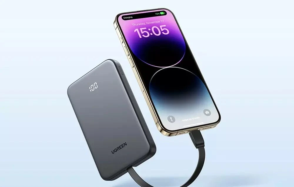 Powerbank 10000mAh Ugreen PB526 USB + USB-C, 20W, įmontuotas kabelis (pilka)