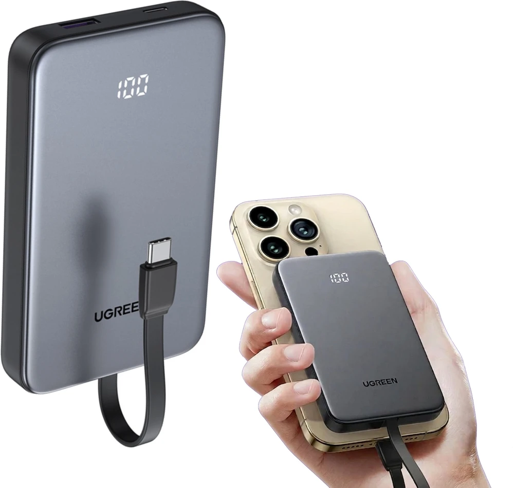Powerbank 10000mAh Ugreen PB526 USB + USB-C, 20W, įmontuotas kabelis (pilka)