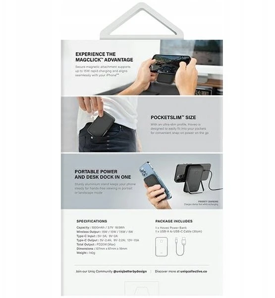 UNIQ Powerbank Hoveo 5000mAh USB-C 20W PD Fast charge Wireless Magnetic pilkos spalvos/chalk pilkos spalvos