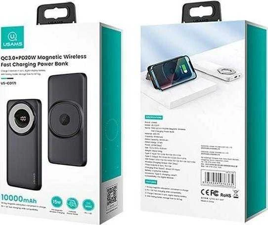 USAMS išorinė baterija PB62 10000mAh 20W QC3.0+PD magnetinis belaidis greito įkrovimo mėlynas 10KCD17104 (US-CD171)