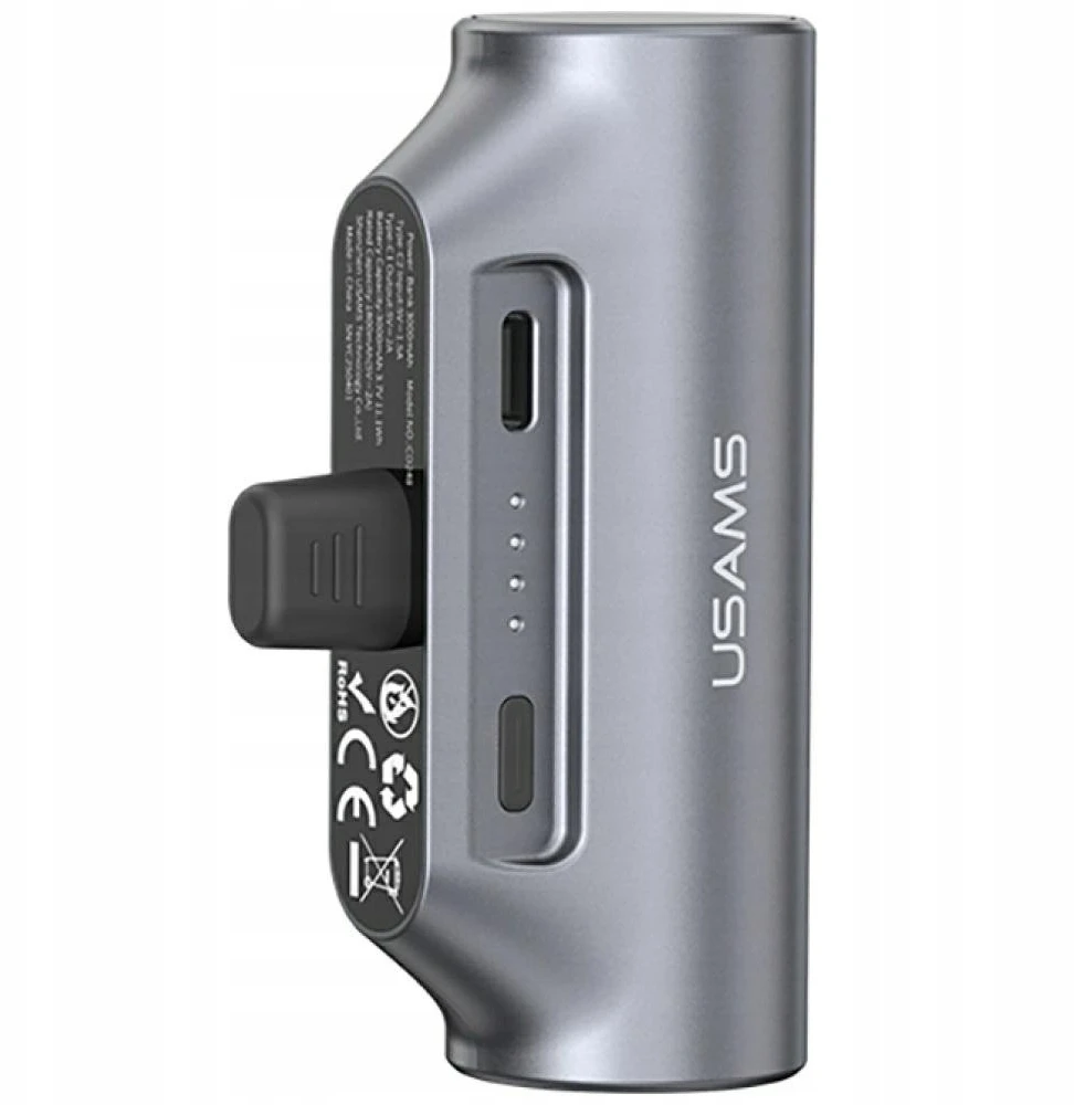 USAMS PB79 Mini Tail Plug nešiojama išorinė baterija 3000mAh USB-C pilka