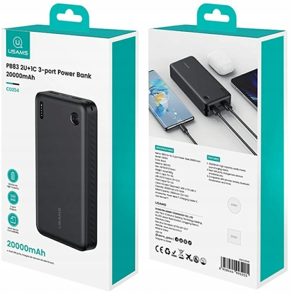USAMS PB83 išorinė baterija 2xUSB-A 1xUSB-C 20000mAh baltas