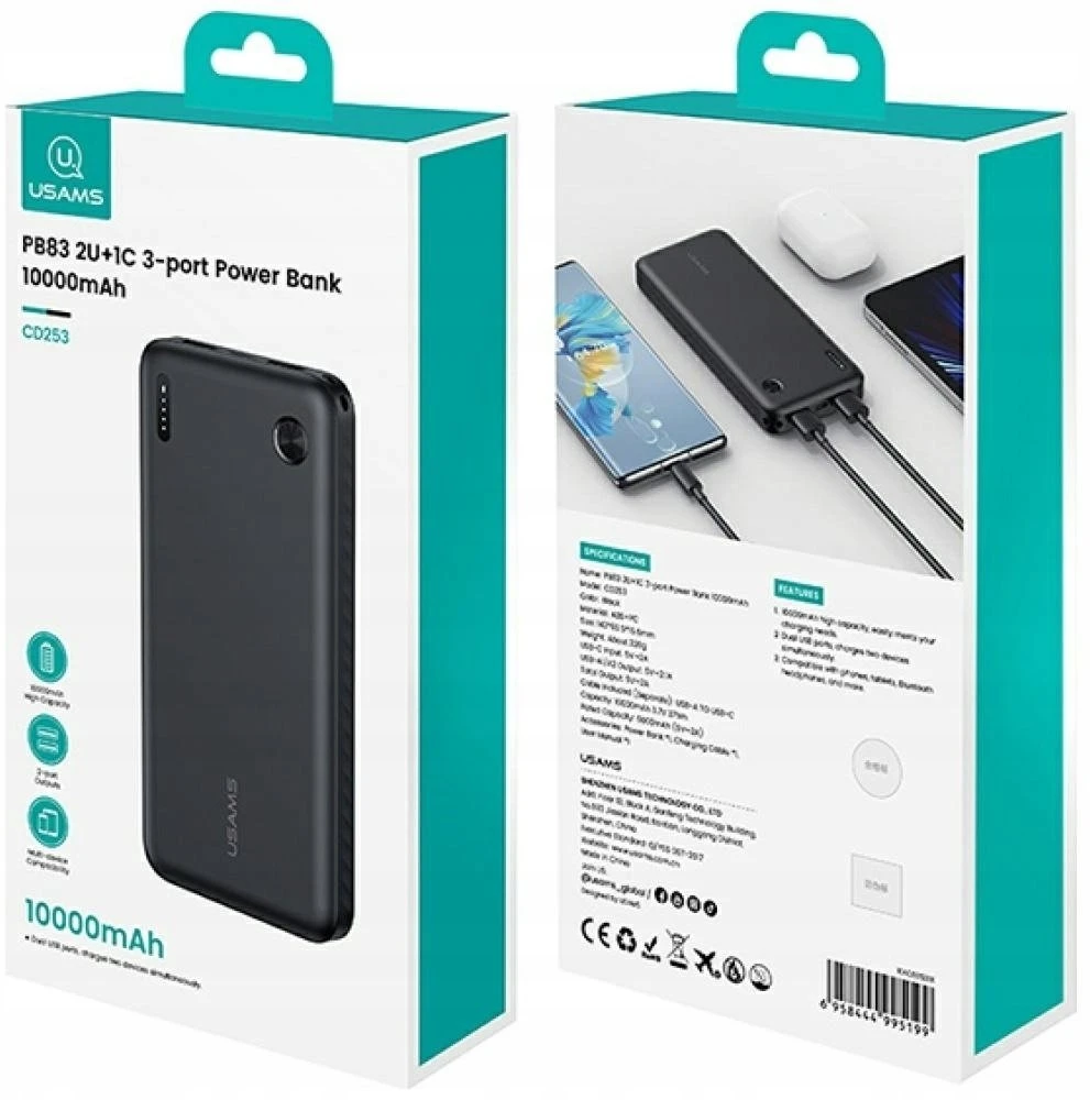 USAMS PB83 Power Bank 2xUSB-A 1xUSB-C 10000mAh juodas