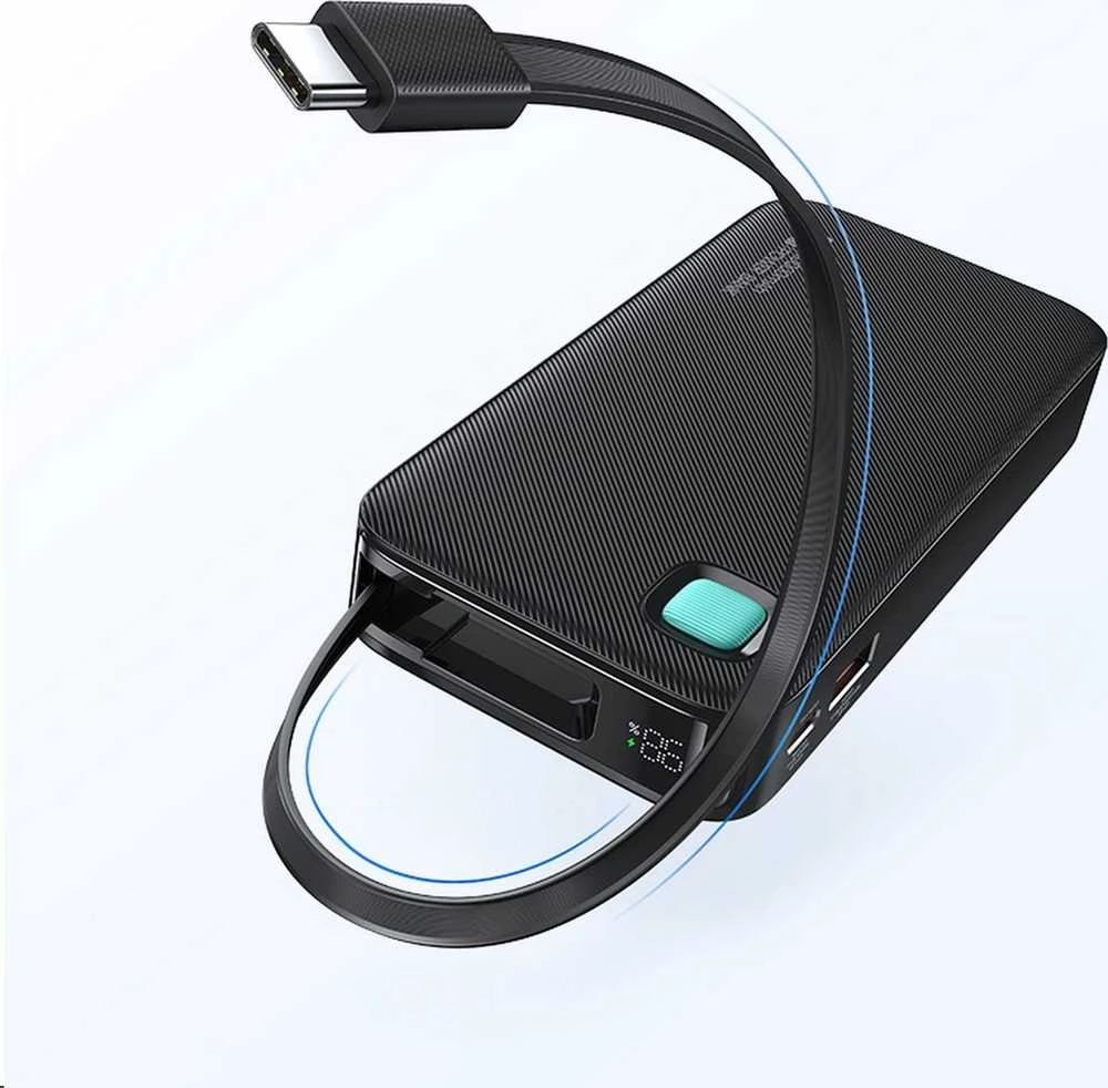 USAMS nešiojama baterija su ištraukiamu USB-C laidu, ištraukiama, 10000mAh PD 20W, greito įkrovimo, XY serijos, violetinės spalvos