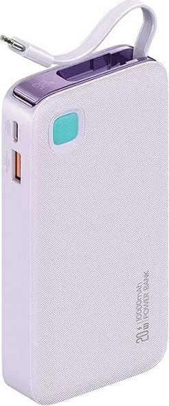 USAMS nešiojama baterija su ištraukiamu USB-C laidu, ištraukiama, 10000mAh PD 20W, greito įkrovimo, XY serijos, violetinės spalvos
