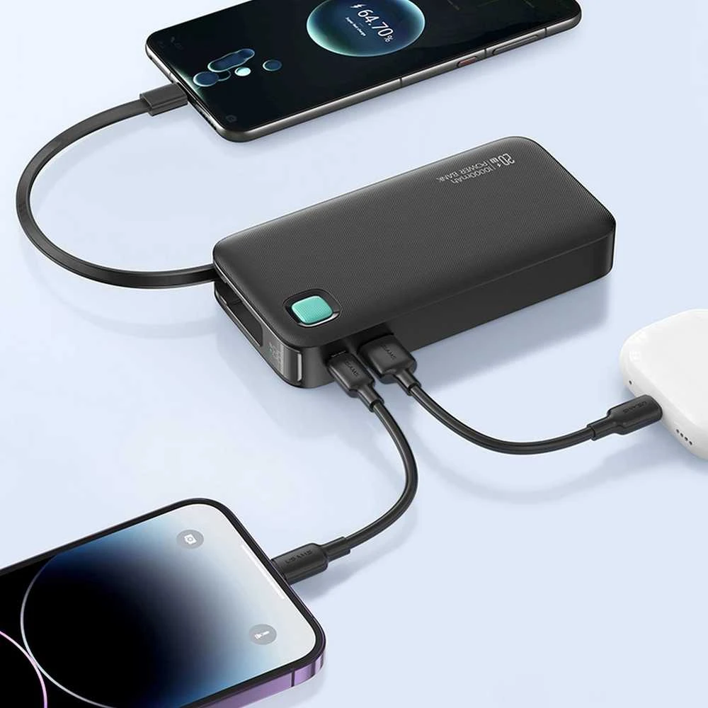 USAMS nešiojama baterija su ištraukiamu USB-C laidu, ištraukiama, 10000mAh PD 20W, greito įkrovimo, XY serijos, violetinės spalvos