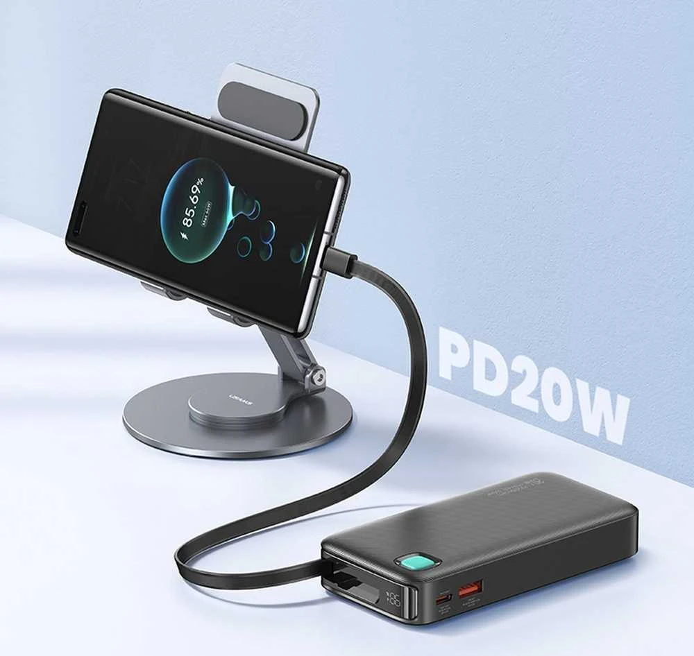 USAMS nešiojama baterija su ištraukiamu USB-C laidu, ištraukiama, 10000mAh PD 20W, greito įkrovimo, XY serijos, violetinės spalvos