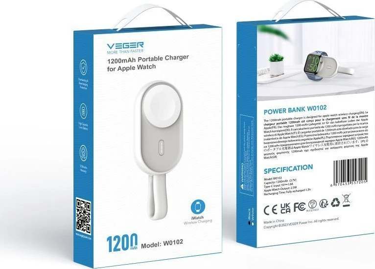 VEGER maitinimo blokas 1200 mAh, skirtas laikrodžiui suderinamai su Apple Watch Pomme (W0102) baltos spalvos