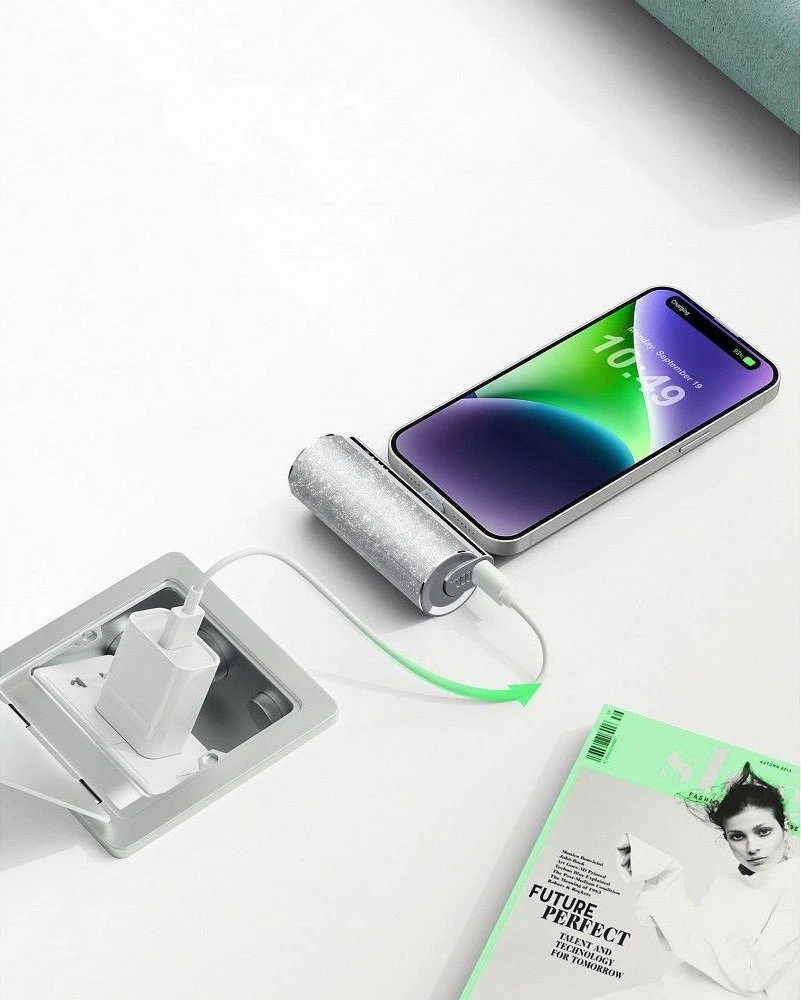 Nešiojamoji baterija Veger PlugOn (W0573) PD QC3.0 2,4A 12W 5000 mAh su integruota USB C jungtimi, sidabrinis