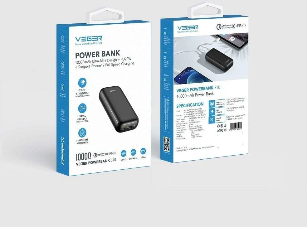 Powerbank Veger S10 (W1135) PD QC3.0 3A 20W 10000 mAh juodas