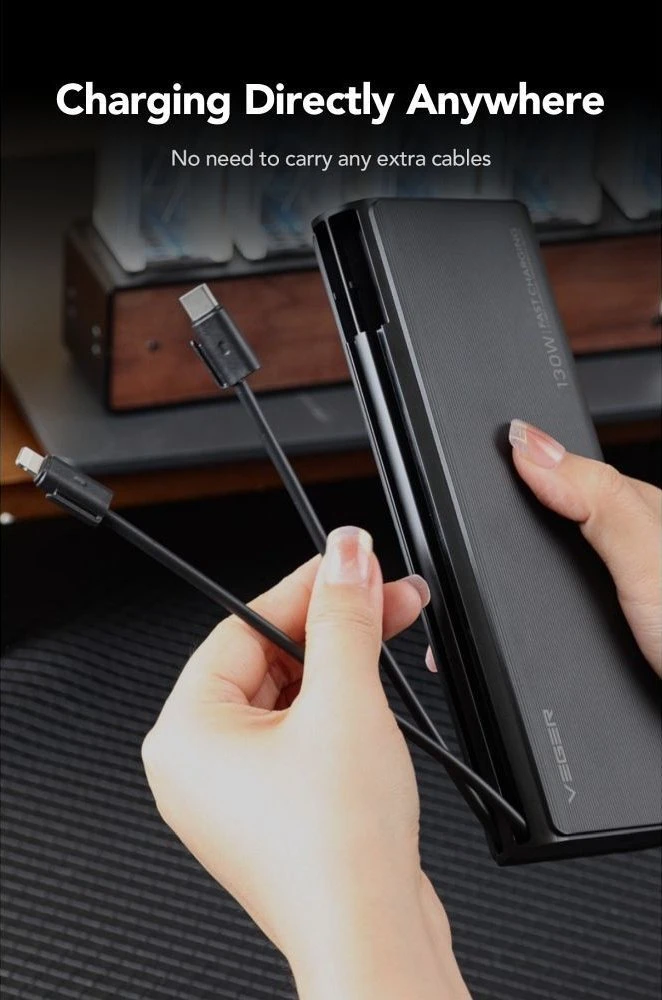 Nešiojamoji baterija Veger TCE130 (W2503) PD 130W 25000 mAh su integruotais C tipo laidais / Lightning juodas