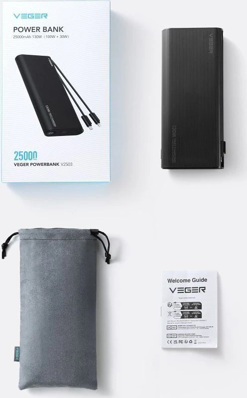 Nešiojamoji baterija Veger TCE130 (W2503) PD 130W 25000 mAh su integruotais C tipo laidais / Lightning juodas