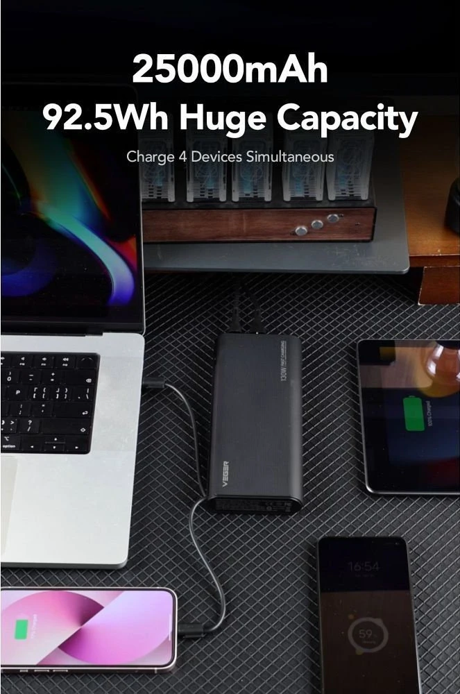 Nešiojamoji baterija Veger TCE130 (W2503) PD 130W 25000 mAh su integruotais C tipo laidais / Lightning juodas